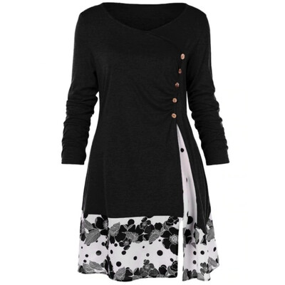 

Tailored Women Fashion Plus Size Button Draped Floral Splicing Long Tunic Blouse Tops