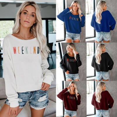 

Amazon supply hot sale explosions fashion autumn long-sleeved shirt letters weekendend loose sweater women white