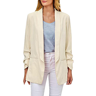 

Toponeto Womens Casual Blazer Ruched Long Sleeve Open Front Fit Office Cardigan Jacket