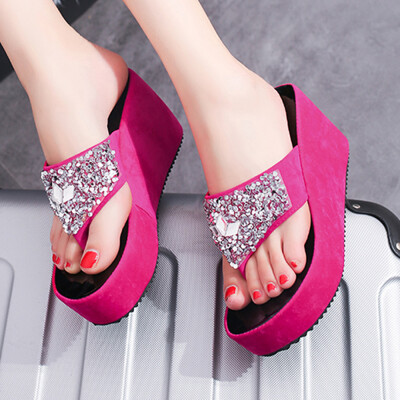 

Rose Summer Womens Slippers Rhinestone Wedges Flip Flops Fashion Clip Toe Beach Shoe