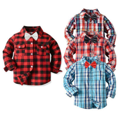 

UK Gentleman Kids Baby Boys Long Sleeve Plaids Tops Shirt Bowknot Tie Clothes