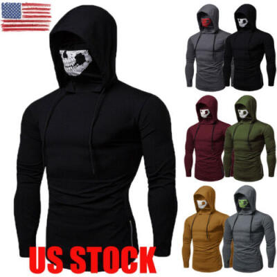 

US Mens Gym Thin Hoodie Long Sleeve Hoodies With Mask Sweatshirt Casual T-Shirt