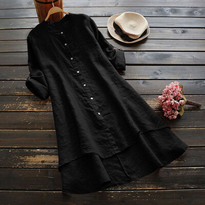 

Nomeni Women Casual Loose Linen Soild Button Long Sleeve Long Shirt Blouse Tops