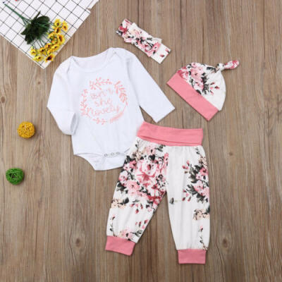 

US Newborn Baby Girls Sweet Autumn Clothes Romper BodysuitFloral PantsCap Set