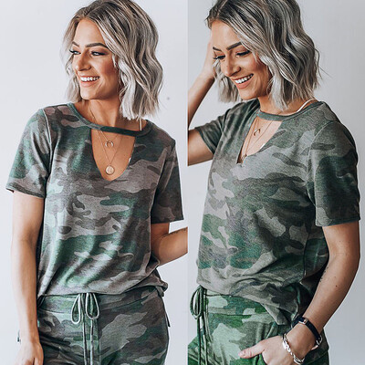 

Starmoon Fashion Women Casual V-Neck Camouflage Printed T-Shirt Short Sleeve Tops Blouse