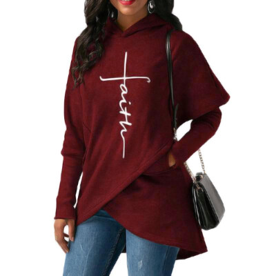 

Fashion Women Hoodie Faith Letter Print Asymmetric Casual Loose Coat Pullover Sweatshirts Hooded Tops