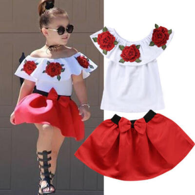 

Toddler Kid Clothes Baby Girl 3D Flower Top Off Shoulder Skirt Pants Outfit Set