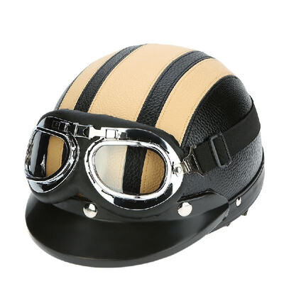 

Motorcycle Scooter Open Face Half Leather Helmet with Visor UV Goggles Retro Vintage Style 54-60cm