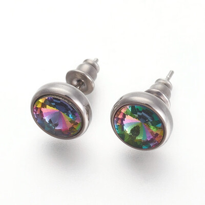 

304 Stainless Steel Stud Earrings with Rhinestone Flat Round Crystal AB 10x6mm Pin 09mm