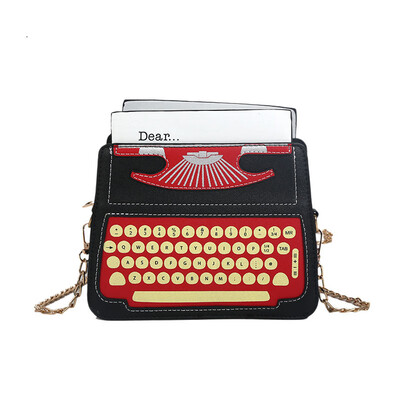 

Crossbody Mini Messenger Bag Purse Flap Black & Red Cartoon Typewriter Design Pu Leather Womens Casual Shoulder Bag Totem Femal