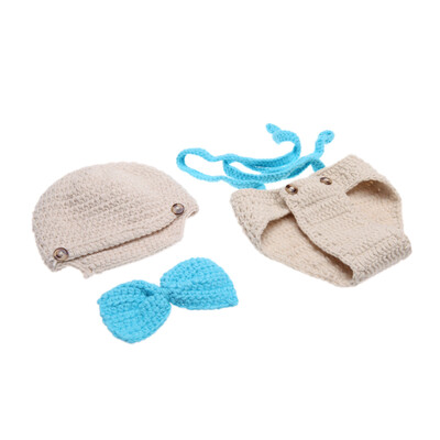 

Baby Infant Bow Tie Suspender Hat Suit Crochet Knitting Costume Soft Adorable Clothes Photo Photography Props for 0-6 Month Newbor