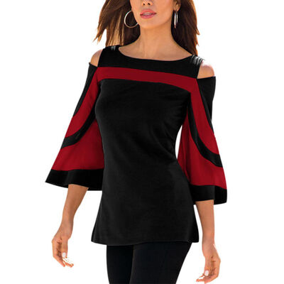 

Elegant womens T-Shirts&Tops Half Sleeve Flare Sleeve Cold Shouder Slim Tee Shirt Female Office Lady Casual Color Block Tops