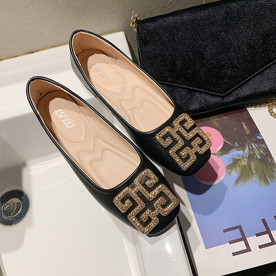 

Single shoe female autumn flat bottom 100 shallow metal square buckle retro grandmother shoes pedal bean shoes
