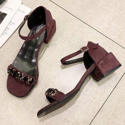 

Sandals female Xia Han edition thick heel water drill open toe one word buckle middle heel high heel student Roman shoes