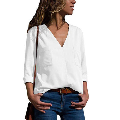 

Fashion Casual Solid Color V-neck Long-sleeved Double-pocket Shirt Shirt Female 2019 Breathable Shirt Top