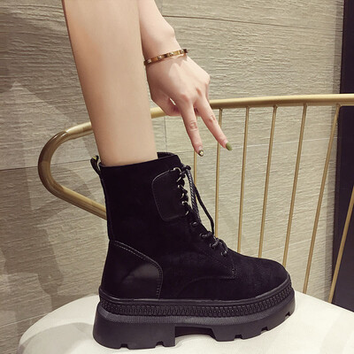 

Net red fashion Martins womens British style autumn ins tide round head lace-up short boots thick heels