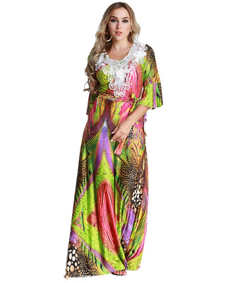 

Women Plus Size Muslim Dress Colorful Crochet Lace V Neck High Waist Tied Belt Long Gown Islamic Robe