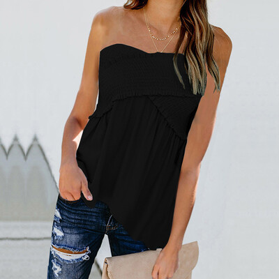 

Starmoon Women Fashion Sexy Solid Sleeveless Slash Neck Loose Ruched Blouse Tops
