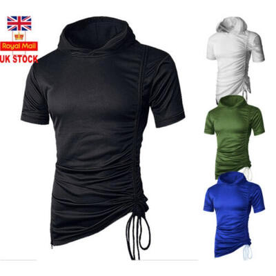 

UK Mens Short Sleeved Hooded T-Shirt Casual Sport Gym Sweater Tees Tops New