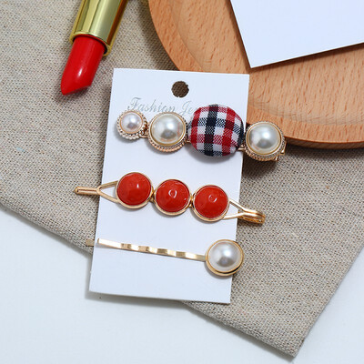 

Pearl Hair Clip Plaid Button Word Clip Side Clip Three Piece Set Candy Color Pearl Hair Clip Hairpin Headdress Accessories