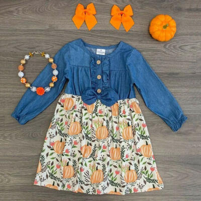 

Cute Kid Baby Girl Casual Long Sleeve Denim Floral Princess Party Dress 1-6Y