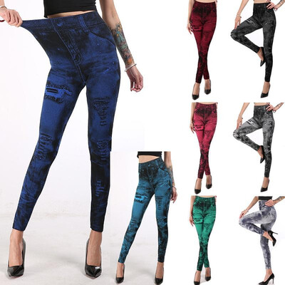 

2019 spring new foreign trade imitation denim leggings women cross-border explosion models multi-color hips super elastic nine pan