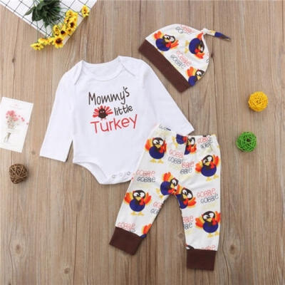 

3pcs Cute Newborn Baby Boys Girls First Thanksgiving Tops Romper Long Sleeve Top Pants Hat Outfits Set Clothes