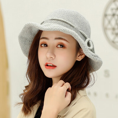 

2019 autumn&winter new Korean knitted woollen hat pure color lady turn over the rope bow warm the basin cap