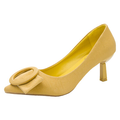 

Summer Korean version of pointed shallow single shoe female chic simple temperament round button high heel shoes ins