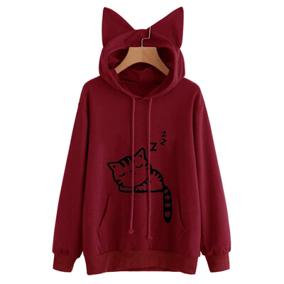

Autumn&Winter Women Cat Print Ears Pullover Hoody Long Sleeve Sweatshirt With Hood Blazer Plus Size Tops