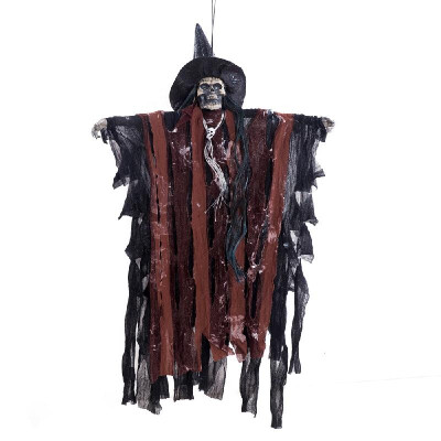 

Haunted House Decoration Props Hanging Animated Scary Skeleton Ghost with Red Light Eyes&Horror Sounds Horror Grim Reaper Hang