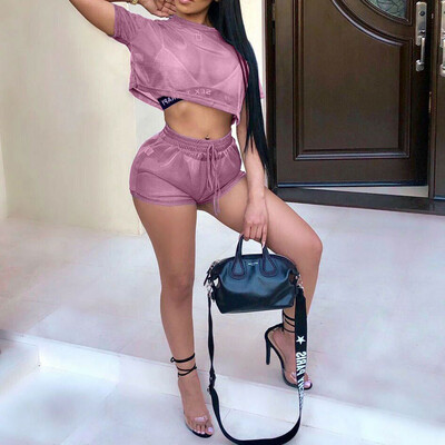 

Women 2 Piece Hollow Mesh Crop Top Shorts Set Jumpsuit Romper Short Sleeve