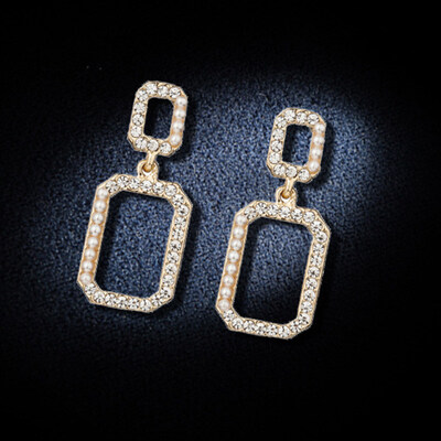 

Party Women Double Hollow Square Rhinestone Faux Pearl Inlaid Stud Earrings