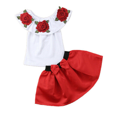 

Toddler Kids Baby Girl Off Shoulder 3D Rose Flower Cotton Top Dress Skirt Outfit
