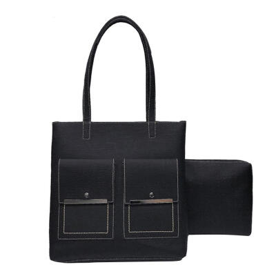 

2pcsset Leather Big Shoulder Handbags Purse Women Solid Color Totes Clutch