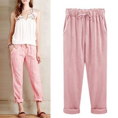 

Tailored Plus Size Casual Women Cotton Linen Pants Elastic Waist Summer Slim Lady Pants