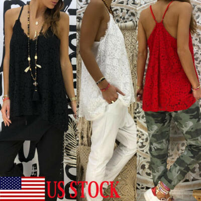 

US Womens Boho Lace Tank Top Vest Sleeveless Loose Summer Casual T-Shirt Blouse