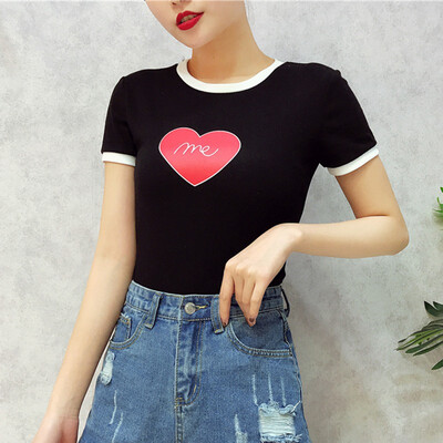 

Women Cotton Elastic Basic T-shirts Heart Print Color Block Round Neck T-Shirt Female Casual Short Sleeve Tshirt