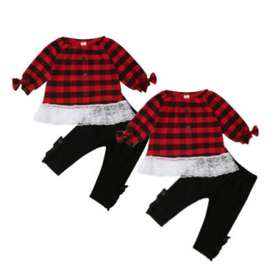 

2Pcs Kids Newborn Baby Girls Long Sleeve Plaid Tops DressPants Clothes Set Xmas