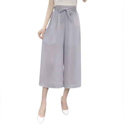 

Fashion Women Chiffon Solid Lacing High Waist Casual Pant Wide Leg Beach Trouser