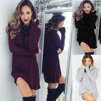 

Womens Cowl Turtleneck Loose Long Sleeve Oversize Sweater Jumper Shirt Top Dress