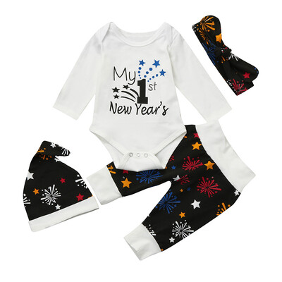 

Newborn Baby Girls Boys New Years Outfits Clothes RomperPantsHat Headband Set