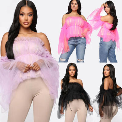 

Sexy Women Off Shoulder Ruffle Tops Blouse Double Layer Mesh Party T-shirt