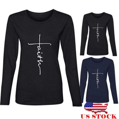 

US Women Crew Neck Long Sleeve Printed Loose Blouse Casual T-shirt Cotton Tops