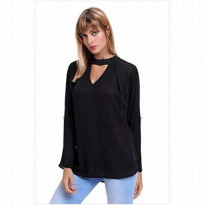 

V-neck long-sleeved mesh solid color shirt casual straight top