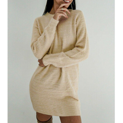 

Women Winter Warm Long Sleeve Solid Sweater Fleece Warm Backless Short Mini Dress