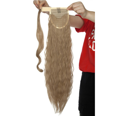 

20 Inch Long Corn Wave Ponytail Extension Magic Paste Heat Resistant Wavy Synthetic Wrap Around Ponytail Black Hairpiece for Women