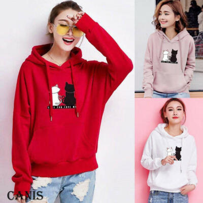 

Women Cat Print Hooded Long Sleeve Sweatshirt Hoodie Pullover Jumper Sweater Top