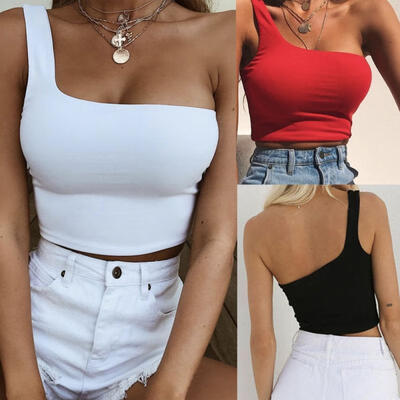 

Women One Shoulder Crop Tops Sleeveless T-Shirt Blouses Summer Beach Vest