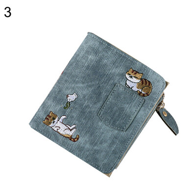 

Cartoon Cat Embroidery Bifold Purse Card Cash Holder Women Faux Leather Wallet
